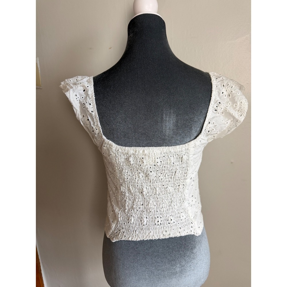 White Eyelet Lace Tie Front Crop Top Smocked Back Boho milkmaid Regencycore - Picture 9 of 12